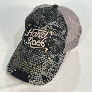 Hard Rock snake skin print Couture snap back trucker mesh zig zag stitch detail